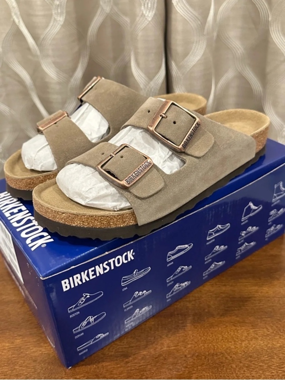Birkenstock Women’s Sandals Taupe Suede Double Strap with Copper Buckles - Picture 3 of 6